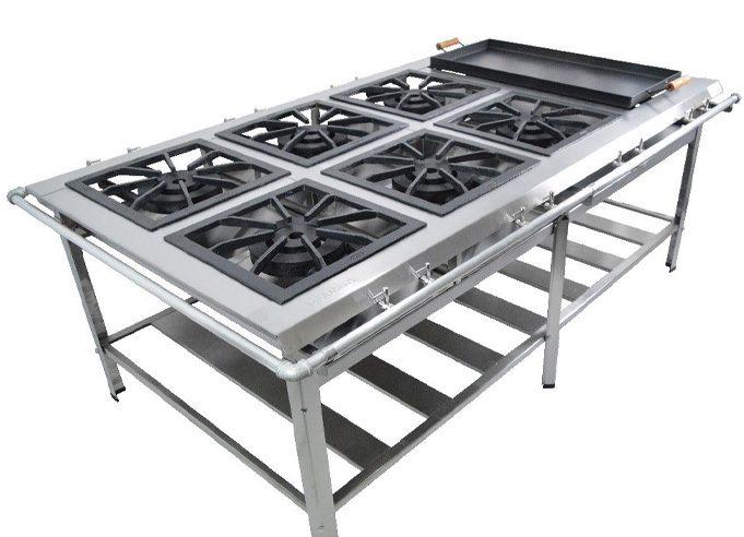 Fogão Industrial Inox Alta Pressão 6 Bocas 45×45 com Chapa de Frituras